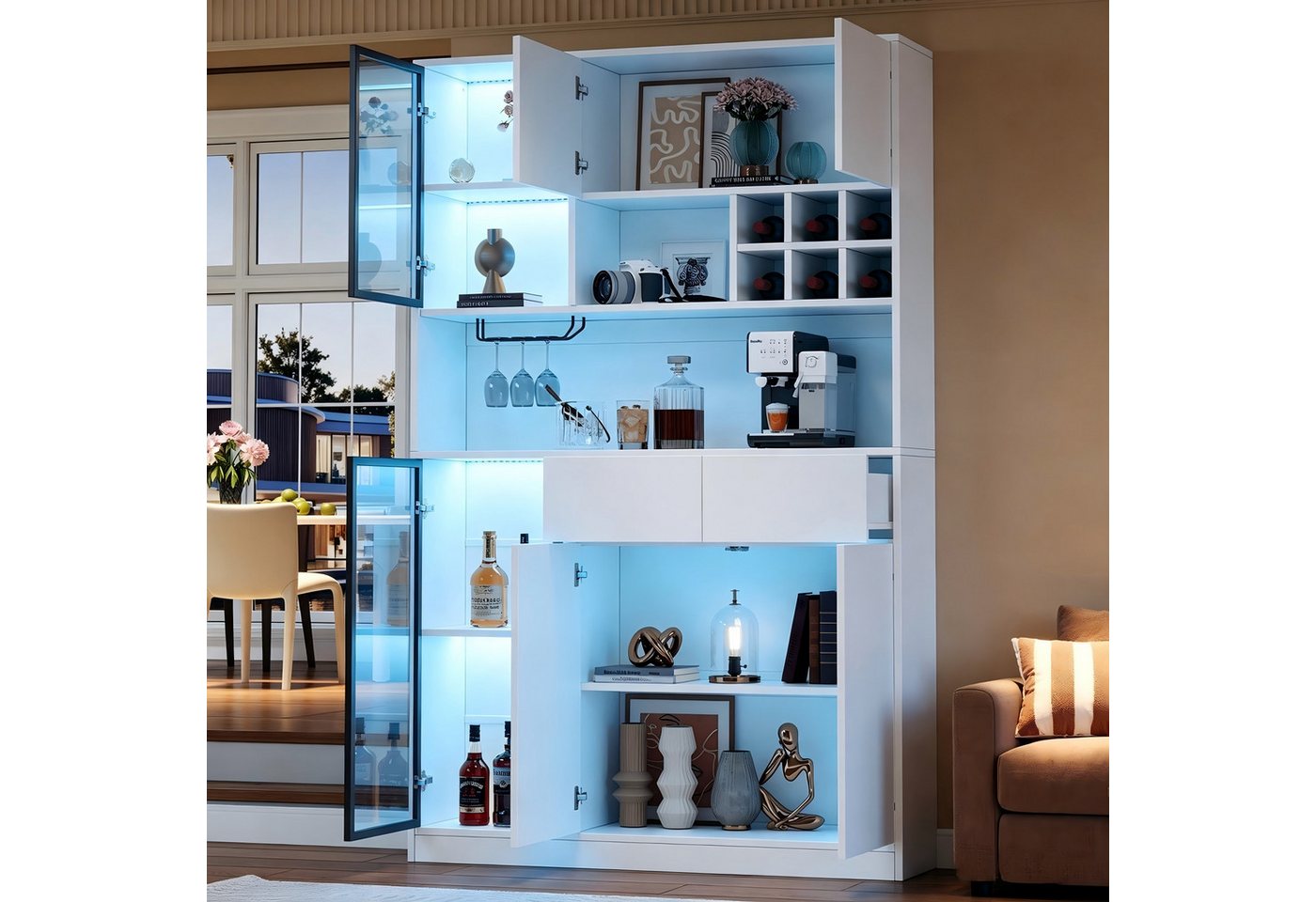 Merax Vitrine mit LED-Beleuchtung, verstellbaren Einlegeböden & gehärtetem Glas (Standvitrine Buffetschrank Glasvitrine 120× 33 × 200 cm, 1-St) Hochschrank 6 Tü – Bild 2 von 5