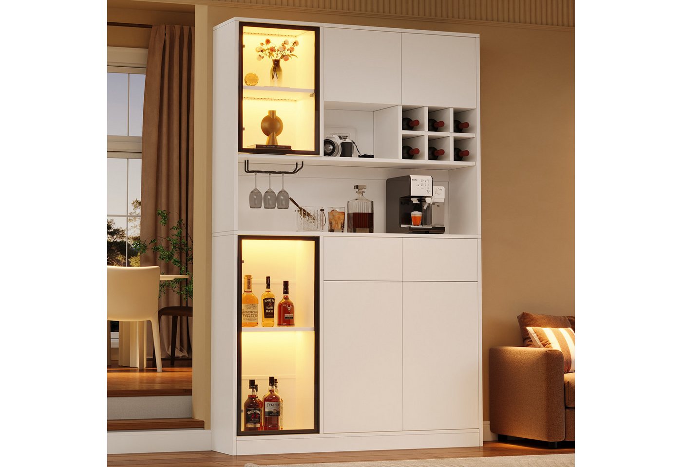 Merax Vitrine mit LED-Beleuchtung, verstellbaren Einlegeböden & gehärtetem Glas (Standvitrine Buffetschrank Glasvitrine 120× 33 × 200 cm, 1-St) Hochschrank 6 Tü – Bild 3 von 5