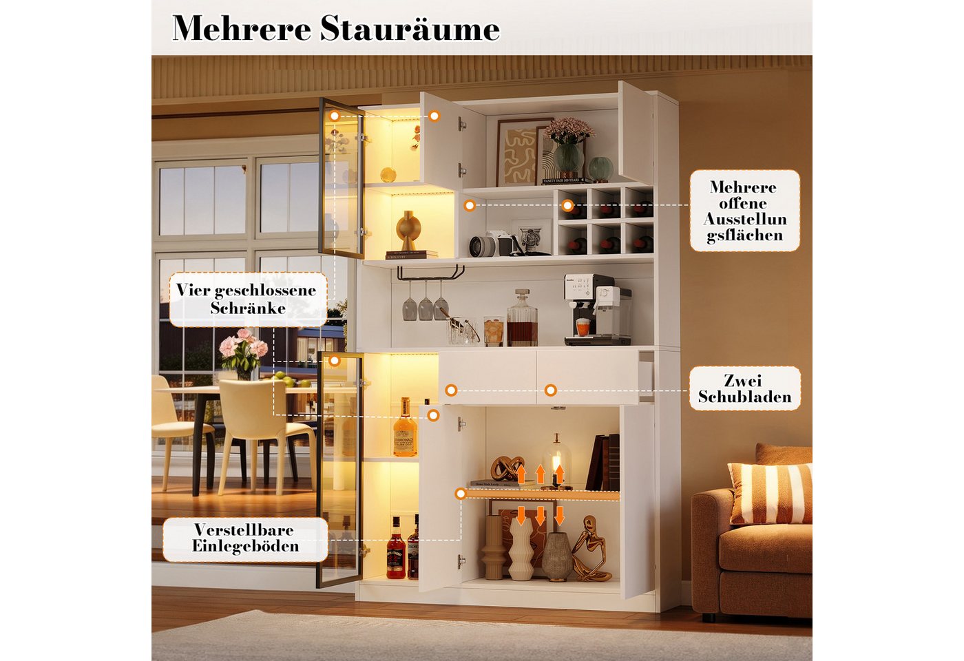 Merax Vitrine mit LED-Beleuchtung, verstellbaren Einlegeböden & gehärtetem Glas (Standvitrine Buffetschrank Glasvitrine 120× 33 × 200 cm, 1-St) Hochschrank 6 Tü – Bild 4 von 5