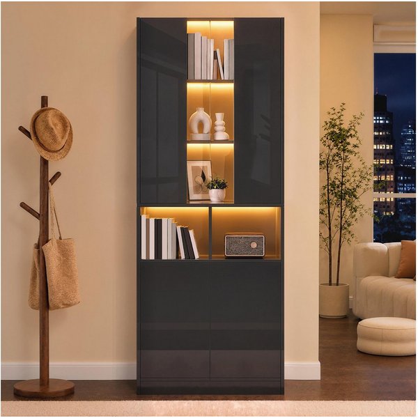 Merax Vitrine mit LED-Beleuchtung inkl.APP, 70Lx35Bx180Hcm (1-St., Wohnzimmerschrank Flurschrank Schlafzimmerschrank) mit Acryl-Sichtfenster,Doppeltüren,verstel