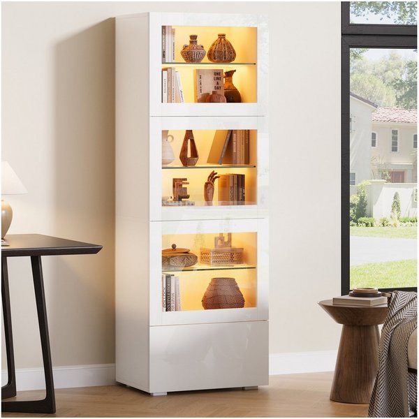 Merax Vitrine schmal Standvitrine mit LED-Beleuchtung inkl. App (60x40x173cm, 1-St., Wohnzimmerschrank Hochschrank Standregal Schrank) Vitrine mit Schublade, 3 