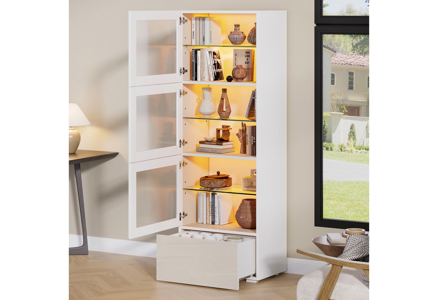 Merax Vitrine schmal Standvitrine mit LED-Beleuchtung inkl. App (60x40x173cm, 1-St., Wohnzimmerschrank Hochschrank Standregal Schrank) Vitrine mit Schublade, 3  – Bild 2 von 5