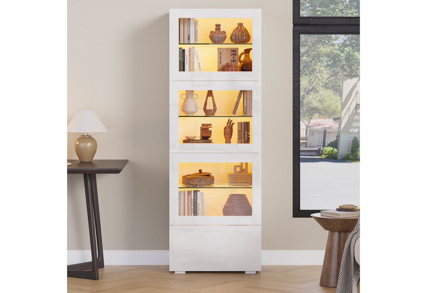 Merax Vitrine schmal Standvitrine mit LED-Beleuchtung inkl. App (60x40x173cm, 1-St., Wohnzimmerschrank Hochschrank Standregal Schrank) Vitrine mit Schublade, 3  – Bild 3 von 5