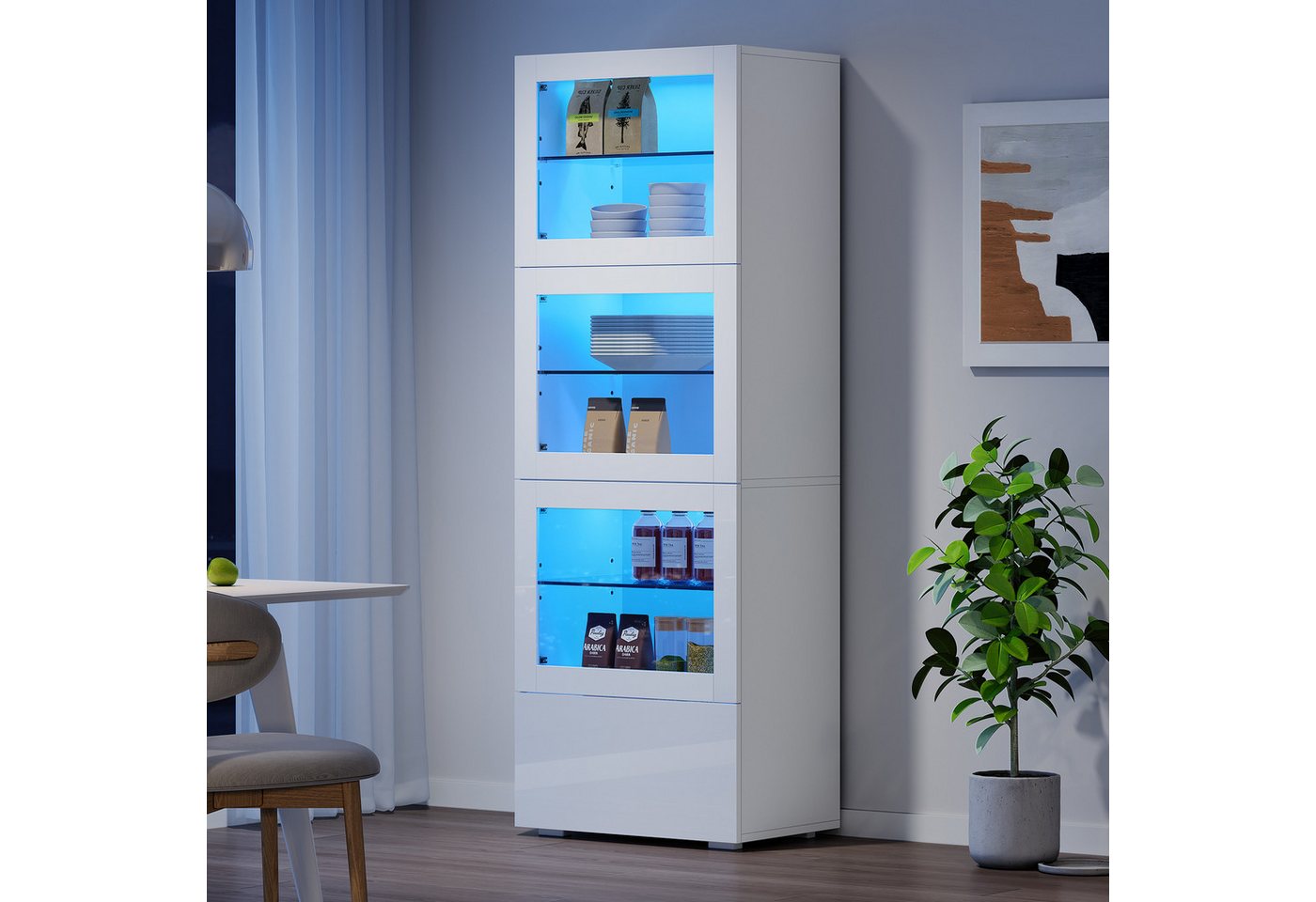 Merax Vitrine schmal Standvitrine mit LED-Beleuchtung inkl. App (60x40x173cm, 1-St., Wohnzimmerschrank Hochschrank Standregal Schrank) Vitrine mit Schublade, 3  – Bild 4 von 5