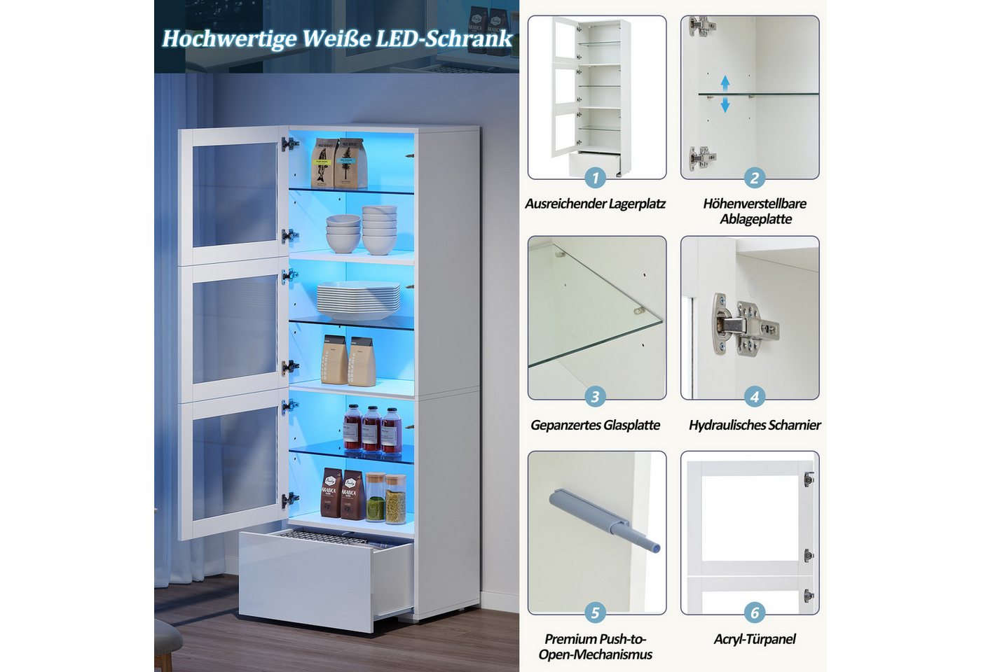 Merax Vitrine schmal Standvitrine mit LED-Beleuchtung inkl. App (60x40x173cm, 1-St., Wohnzimmerschrank Hochschrank Standregal Schrank) Vitrine mit Schublade, 3  – Bild 5 von 5