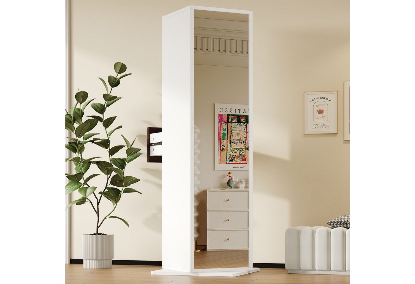 Merax Vitrine Spiegelschrank, Drehbarer Vitrine (1-St., mit Ganzkörperspiegel, 4 offenen Ablagefächern und Schublade) Aufbewahrungsschrank, Hochschrank – Bild 2 von 5