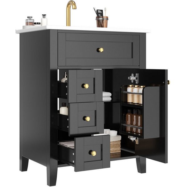 Merax Waschtisch mit Waschbecken, Waschbeckenunterschrank freistehend Badezimmerschrank (1-St., 61 × 47 × 86 cm), Badmöbel-Set mit 1 Tür, Klappschublade, 3 Ausz