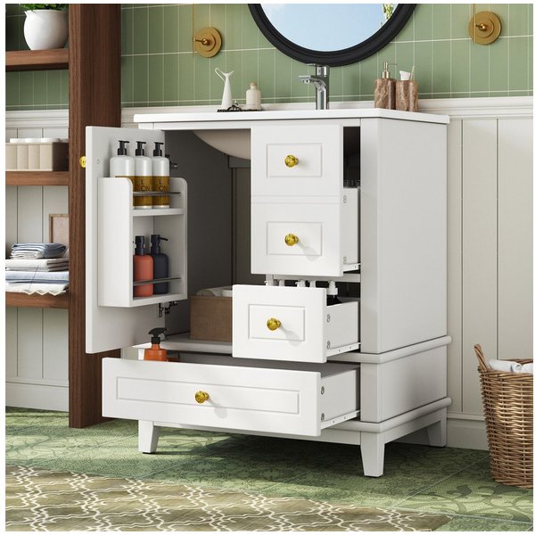 Merax Waschtisch mit Waschbecken, Waschbeckenunterschrank Freistehend, Hochglanz (Badmöbel-Set ohne Armatur, 61 × 47 × 86 cm, 1-St), Badezimmerschrank mit 3 Sch