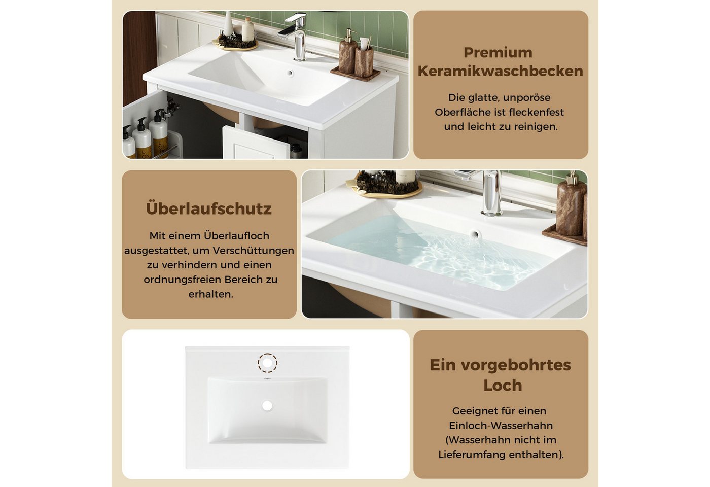 Merax Waschtisch mit Waschbecken, Waschbeckenunterschrank Freistehend, Hochglanz (Badmöbel-Set ohne Armatur, 61 × 47 × 86 cm, 1-St), Badezimmerschrank mit 3 Sch – Bild 5 von 5