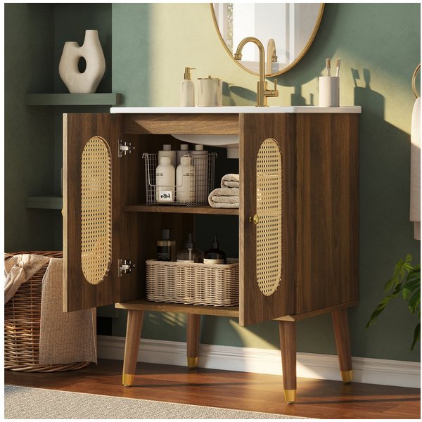 Merax Waschtisch mit Waschbecken, Holzoptik Unterschrank freistehend (ohne Wasserhahn, 1-St), Badmöbel Badschrank mit 2 Rattantüren, Ablagen & Stauraum, 61×47×8