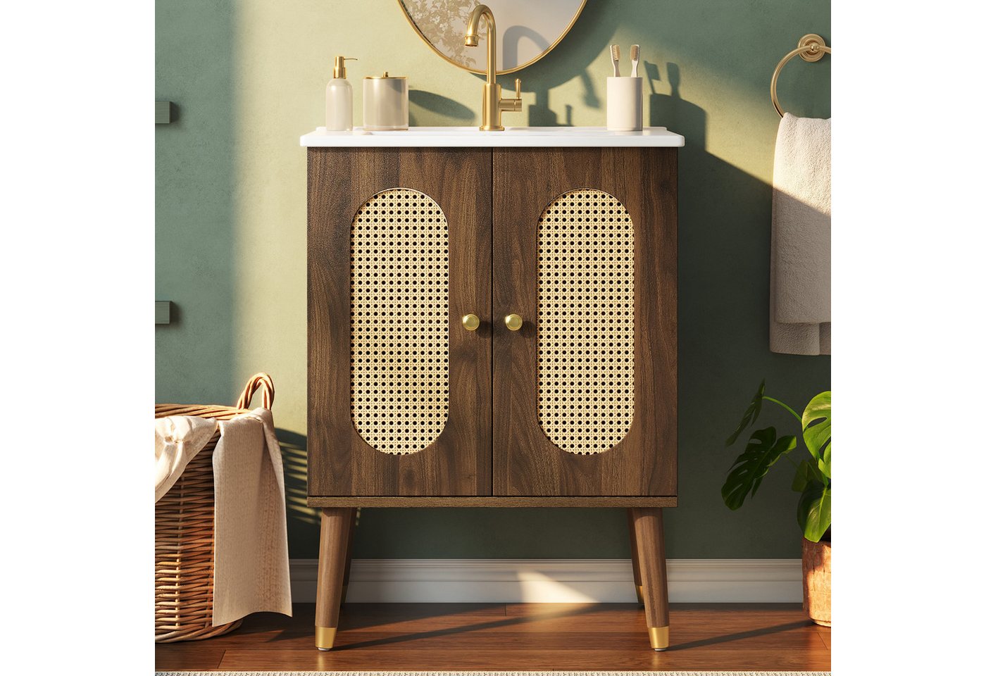 Merax Waschtisch mit Waschbecken, Holzoptik Unterschrank freistehend (ohne Wasserhahn, 1-St), Badmöbel Badschrank mit 2 Rattantüren, Ablagen & Stauraum, 61×47×8 – Bild 2 von 5