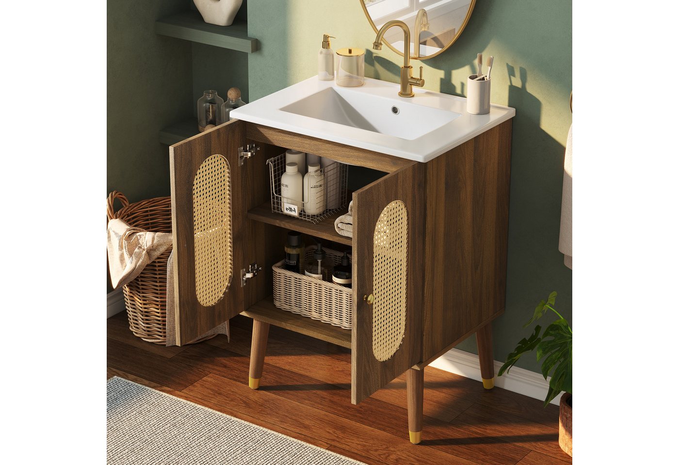 Merax Waschtisch mit Waschbecken, Holzoptik Unterschrank freistehend (ohne Wasserhahn, 1-St), Badmöbel Badschrank mit 2 Rattantüren, Ablagen & Stauraum, 61×47×8 – Bild 3 von 5