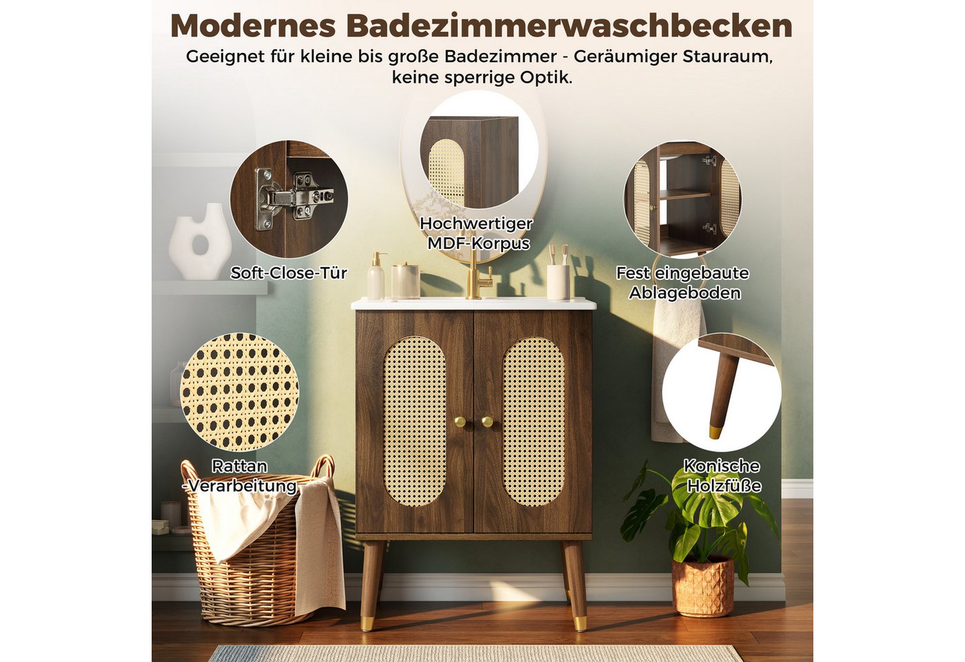 Merax Waschtisch mit Waschbecken, Holzoptik Unterschrank freistehend (ohne Wasserhahn, 1-St), Badmöbel Badschrank mit 2 Rattantüren, Ablagen & Stauraum, 61×47×8 – Bild 4 von 5