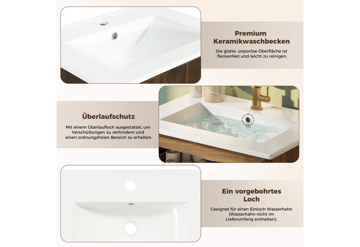 Merax Waschtisch mit Waschbecken, Holzoptik Unterschrank freistehend (ohne Wasserhahn, 1-St), Badmöbel Badschrank mit 2 Rattantüren, Ablagen & Stauraum, 61×47×8 – Bild 5 von 5