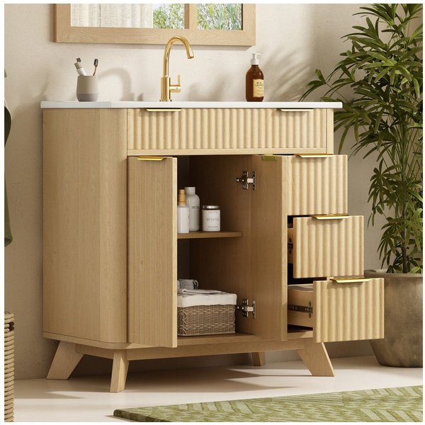 Merax Waschtisch mit Waschbecken, freistehend Waschtischunterschrank Holzoptik (Badezimmer Unterschrank ohne Armatur, 1-St., 81×47×90cm), Badschrank mit 3 Schub