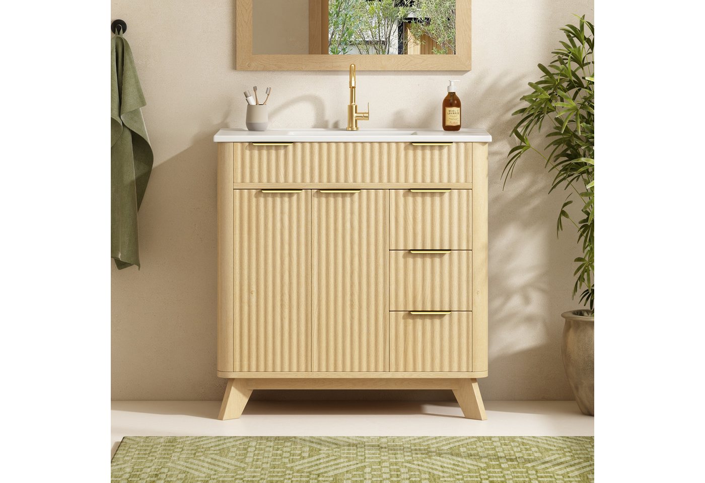 Merax Waschtisch mit Waschbecken, freistehend Waschtischunterschrank Holzoptik (Badezimmer Unterschrank ohne Armatur, 1-St., 81×47×90cm), Badschrank mit 3 Schub – Bild 2 von 5