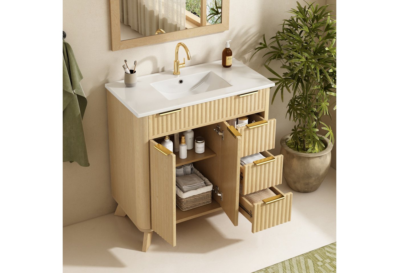 Merax Waschtisch mit Waschbecken, freistehend Waschtischunterschrank Holzoptik (Badezimmer Unterschrank ohne Armatur, 1-St., 81×47×90cm), Badschrank mit 3 Schub – Bild 3 von 5