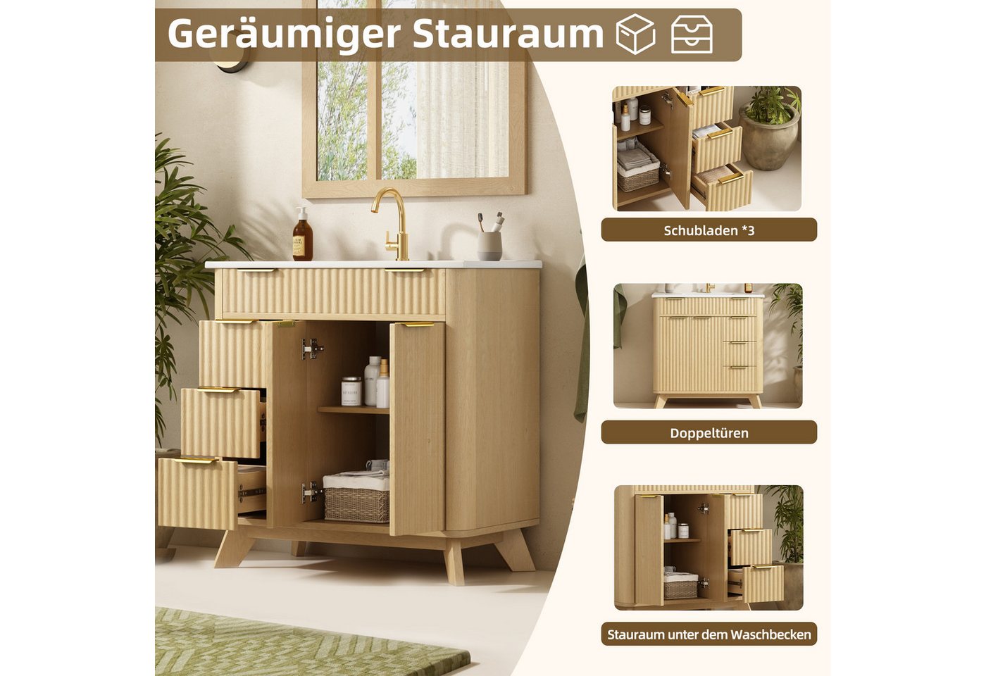Merax Waschtisch mit Waschbecken, freistehend Waschtischunterschrank Holzoptik (Badezimmer Unterschrank ohne Armatur, 1-St., 81×47×90cm), Badschrank mit 3 Schub – Bild 4 von 5