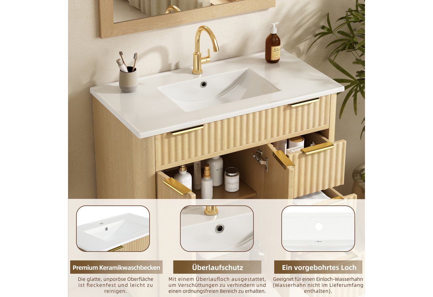 Merax Waschtisch mit Waschbecken, freistehend Waschtischunterschrank Holzoptik (Badezimmer Unterschrank ohne Armatur, 1-St., 81×47×90cm), Badschrank mit 3 Schub – Bild 5 von 5