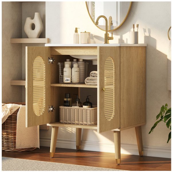 Merax Waschtisch mit Waschbecken, Holzoptik Unterschrank freistehend (ohne Wasserhahn, 1-St), Badmöbel Badschrank mit 2 Rattantüren, Ablagen & Stauraum, 61×47×8