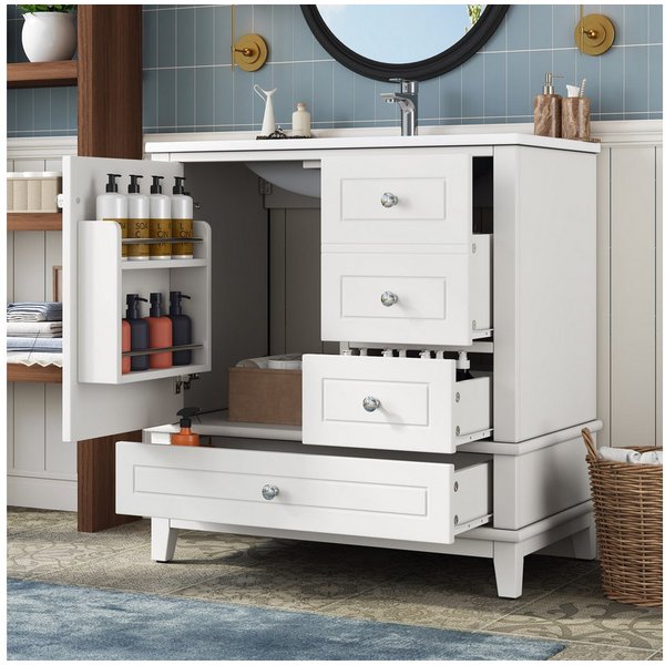Merax Waschtisch mit Waschbecken, Freistehender Badmöbel-Set, Hochglanz Weiß (81×47×86cm, 1-St), Unterschrank Badzimmerschrank mit 4 Schubladen, Einzeltür & Sta