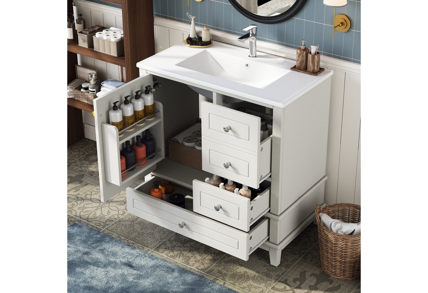 Merax Waschtisch mit Waschbecken, Freistehender Badmöbel-Set, Hochglanz Weiß (81×47×86cm, 1-St), Unterschrank Badzimmerschrank mit 4 Schubladen, Einzeltür & Sta – Bild 2 von 5