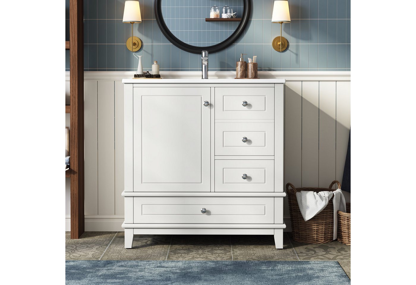 Merax Waschtisch mit Waschbecken, Freistehender Badmöbel-Set, Hochglanz Weiß (81×47×86cm, 1-St), Unterschrank Badzimmerschrank mit 4 Schubladen, Einzeltür & Sta – Bild 3 von 5