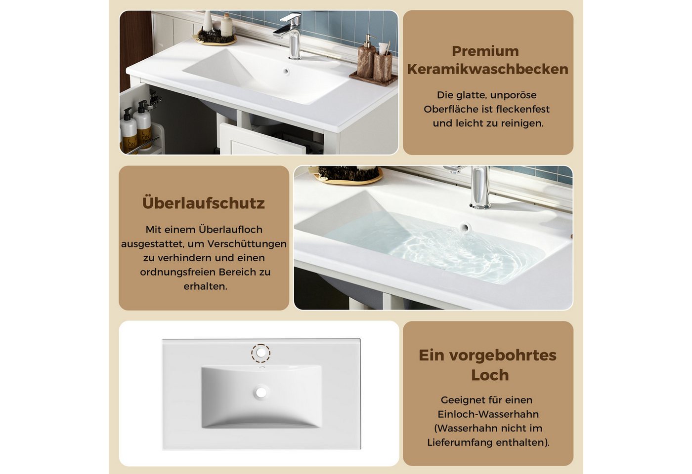 Merax Waschtisch mit Waschbecken, Freistehender Badmöbel-Set, Hochglanz Weiß (81×47×86cm, 1-St), Unterschrank Badzimmerschrank mit 4 Schubladen, Einzeltür & Sta – Bild 5 von 5