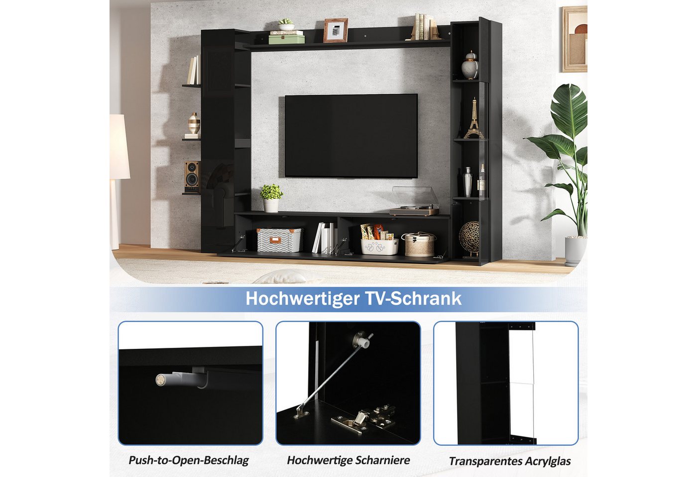 Merax Wohnwand 4-teilig Wohnmöbel Set, (4-St), Wohnmöbel mit TV-Schrank, Vitrine & Regalen – Bild 5 von 5