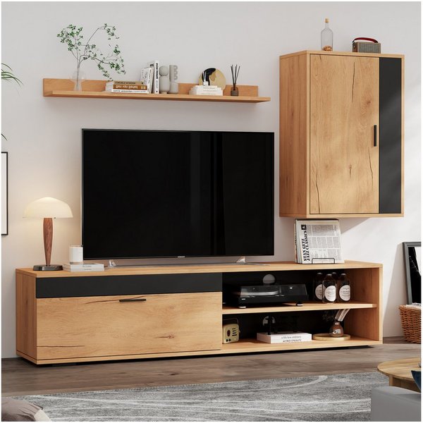 Merax Wohnwand in Holzfarbe, (3-St), 3-teiliges TV-Wohnwand-Set mit V-Schrank, Wandschrank und Wandregal