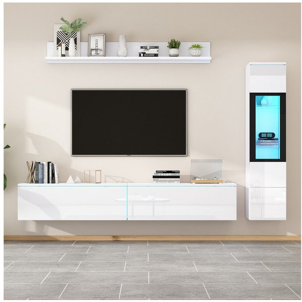 Merax Wohnwand mit LED-Beleuchtung, in Hochglanz Weiß/Schwarz, (3-St), 3-teilig TV-Wohnwand Set mit TV Schrank, Vitrine & Hängeregal
