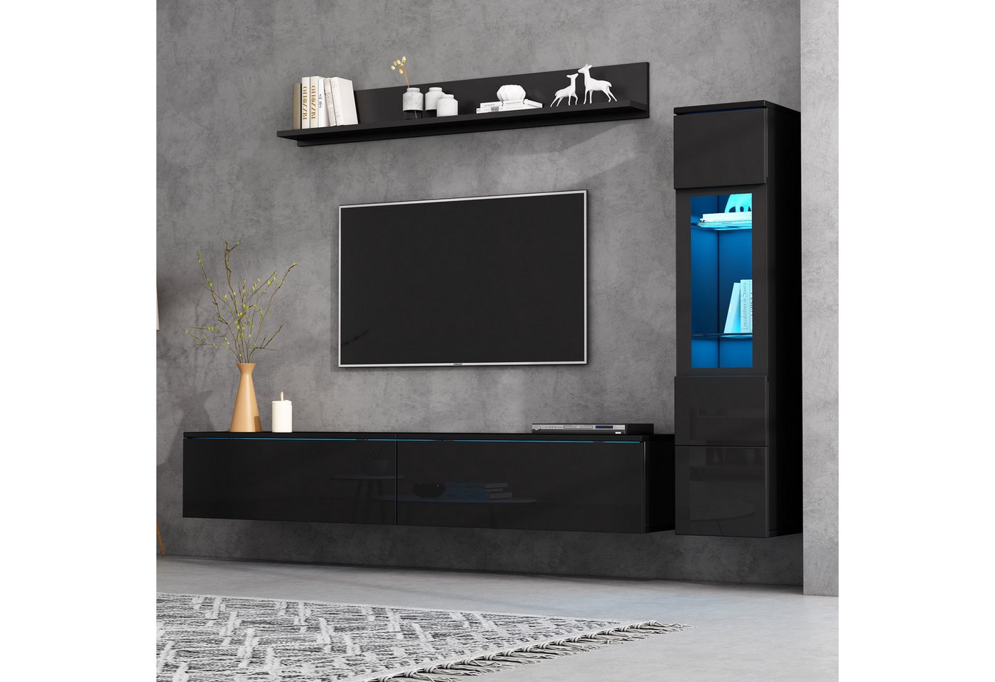 Merax Wohnwand mit LED-Beleuchtung, in Hochglanz Weiß/Schwarz, (3-St), 3-teilig TV-Wohnwand Set mit TV Schrank, Vitrine & Hängeregal – Bild 3 von 5
