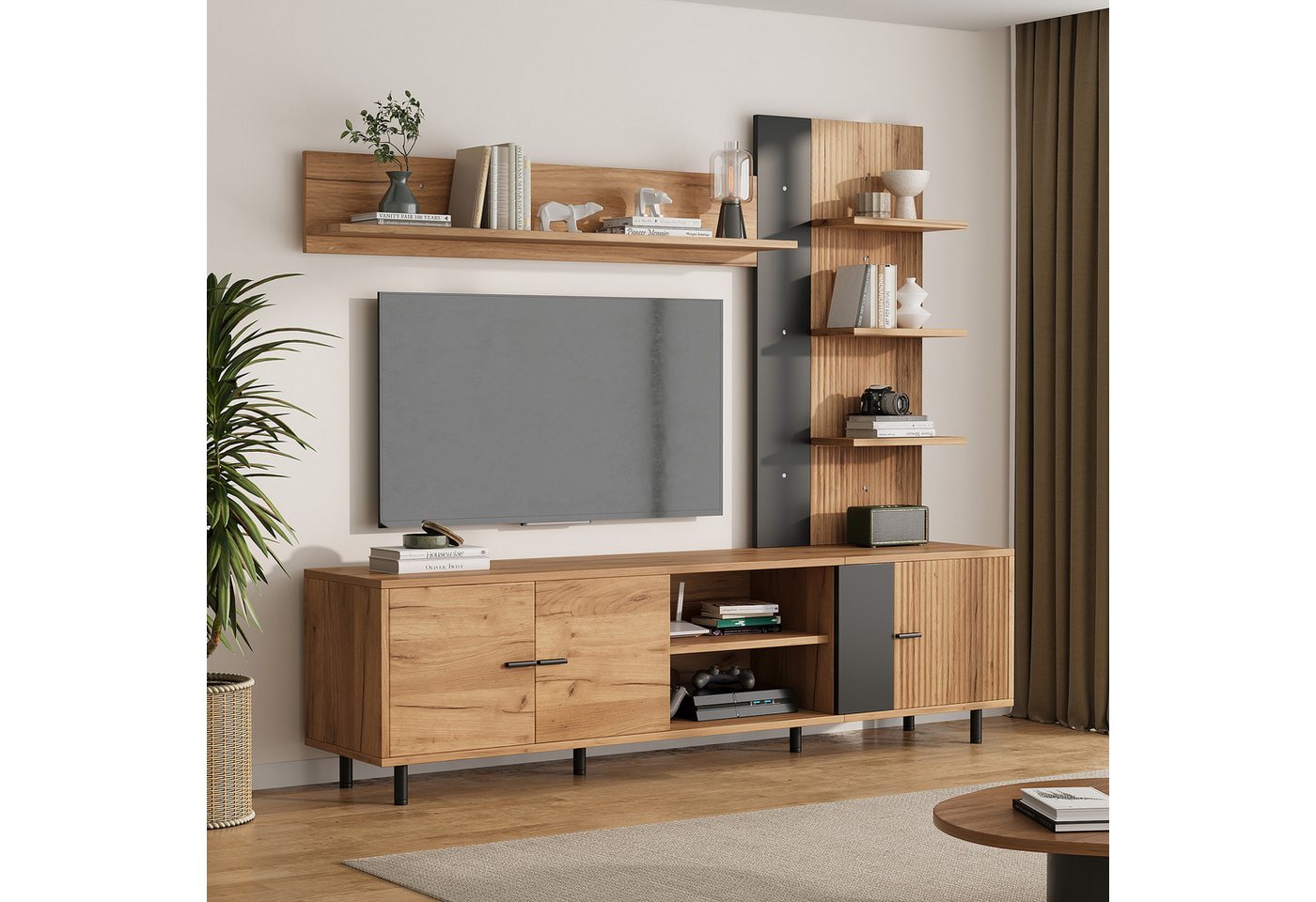 Merax Wohnwand mit Vitrine & Regal, in Holzoptik & Schwarz, (3-St), Mediawand mit 3 Schränken und offenen Regalböden – Bild 2 von 5