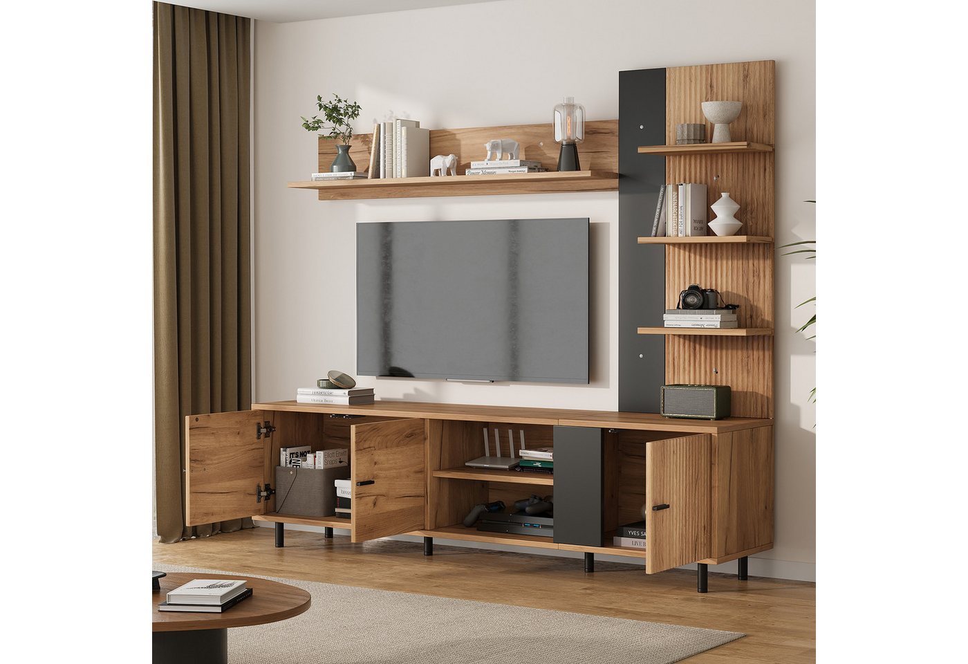 Merax Wohnwand mit Vitrine & Regal, in Holzoptik & Schwarz, (3-St), Mediawand mit 3 Schränken und offenen Regalböden – Bild 3 von 5