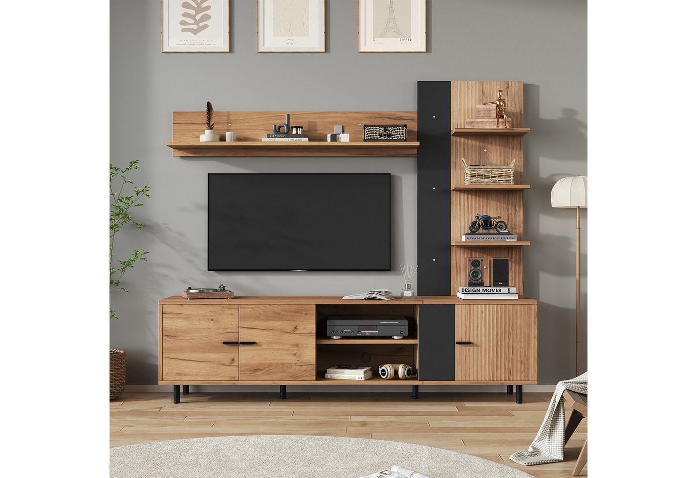 Merax Wohnwand mit Vitrine & Regal, in Holzoptik & Schwarz, (3-St), Mediawand mit 3 Schränken und offenen Regalböden – Bild 4 von 5