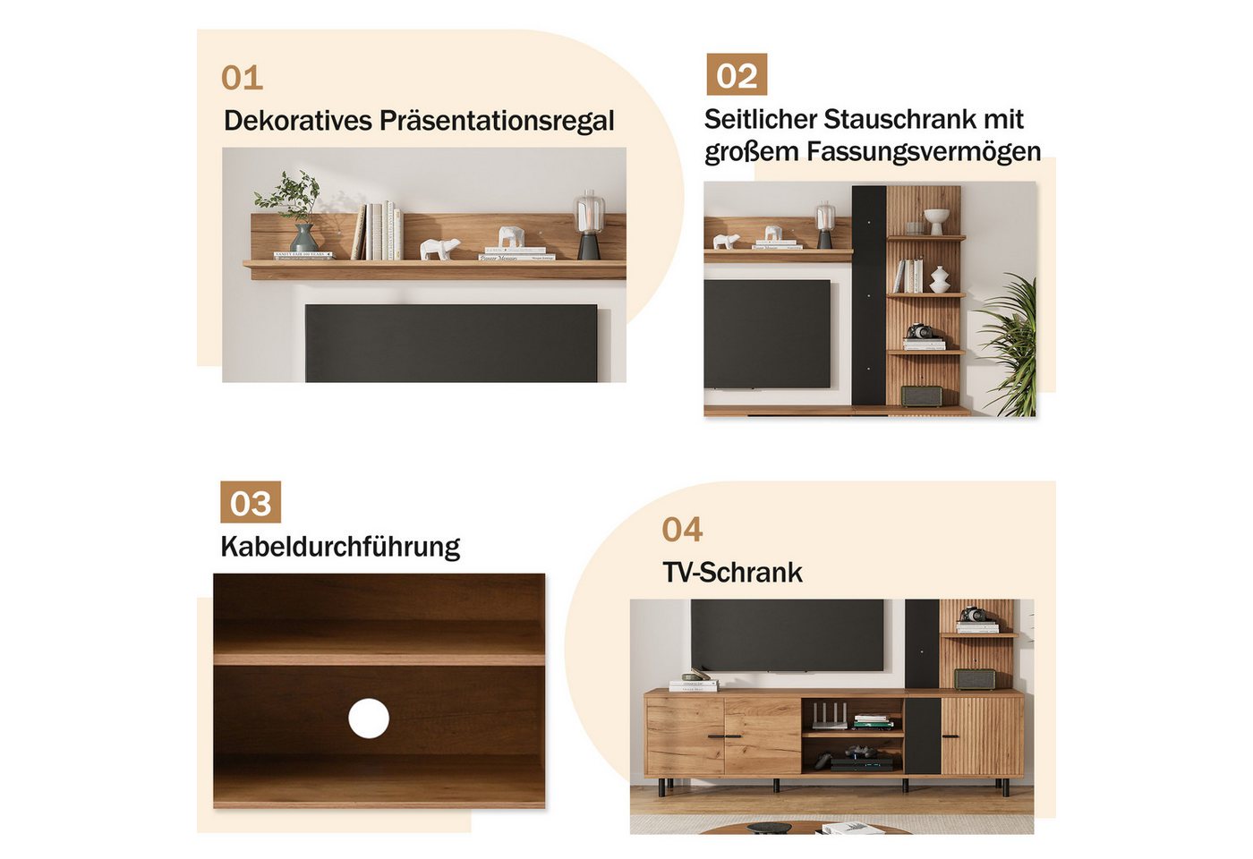 Merax Wohnwand mit Vitrine & Regal, in Holzoptik & Schwarz, (3-St), Mediawand mit 3 Schränken und offenen Regalböden – Bild 5 von 5