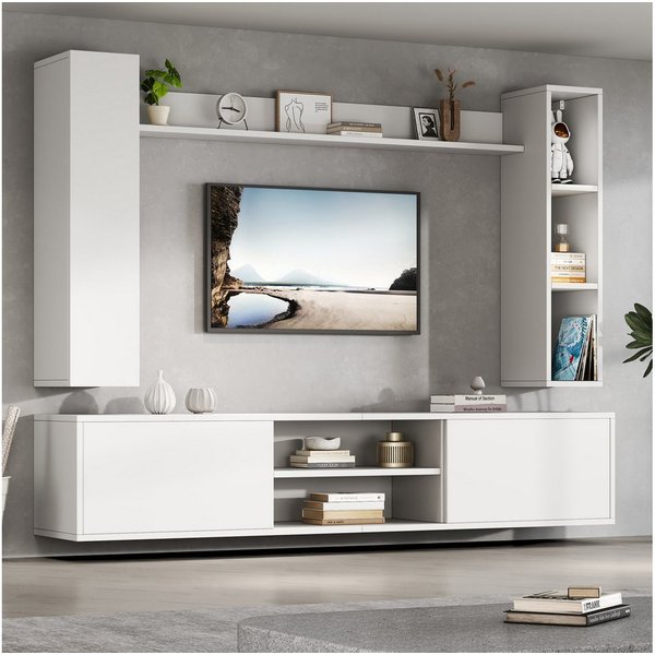 Merax Wohnwand mit Vitrine und TV-Schrank, (4-St), 2 Wandschränke & Wandregal, flexibles Design, stehend & hängend