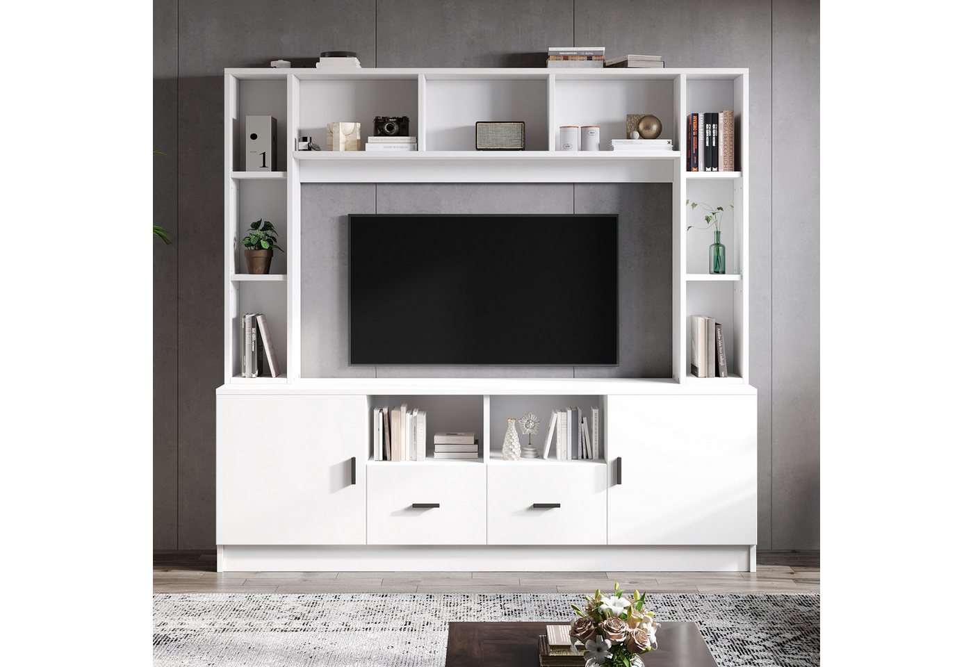 Merax Wohnwand Wohnwand-set TV-Board-set, (1-St), Wohnzimmermöbel-Set mit 2 Schränken, 2 Schubladen und 11 Fächern – Bild 2 von 5