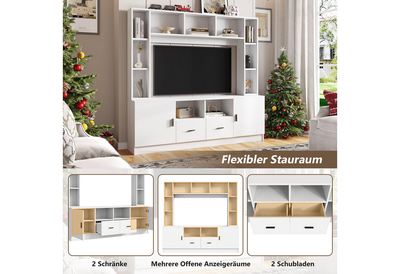 Merax Wohnwand Wohnwand-set TV-Board-set, (1-St), Wohnzimmermöbel-Set mit 2 Schränken, 2 Schubladen und 11 Fächern – Bild 4 von 5