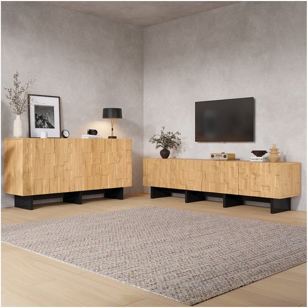 Merax Wohnzimmer-Set mit Lowboard & Sideboard, 3D-Waffelmuster, (2-St), Wohnzimmer Möbel Set mit Push-to-Open,Naturholzoptik, schwarze Akzente