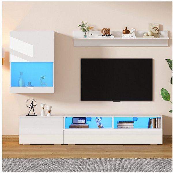 Merax Wohnzimmer-Set mit TV-Schrank, Standregal und Wandregal, (Wohnwand Set, 1-St., Komplett-Set), Wohnzimmermöbel-Set mit LED und Hochglanz, stehend & hängend