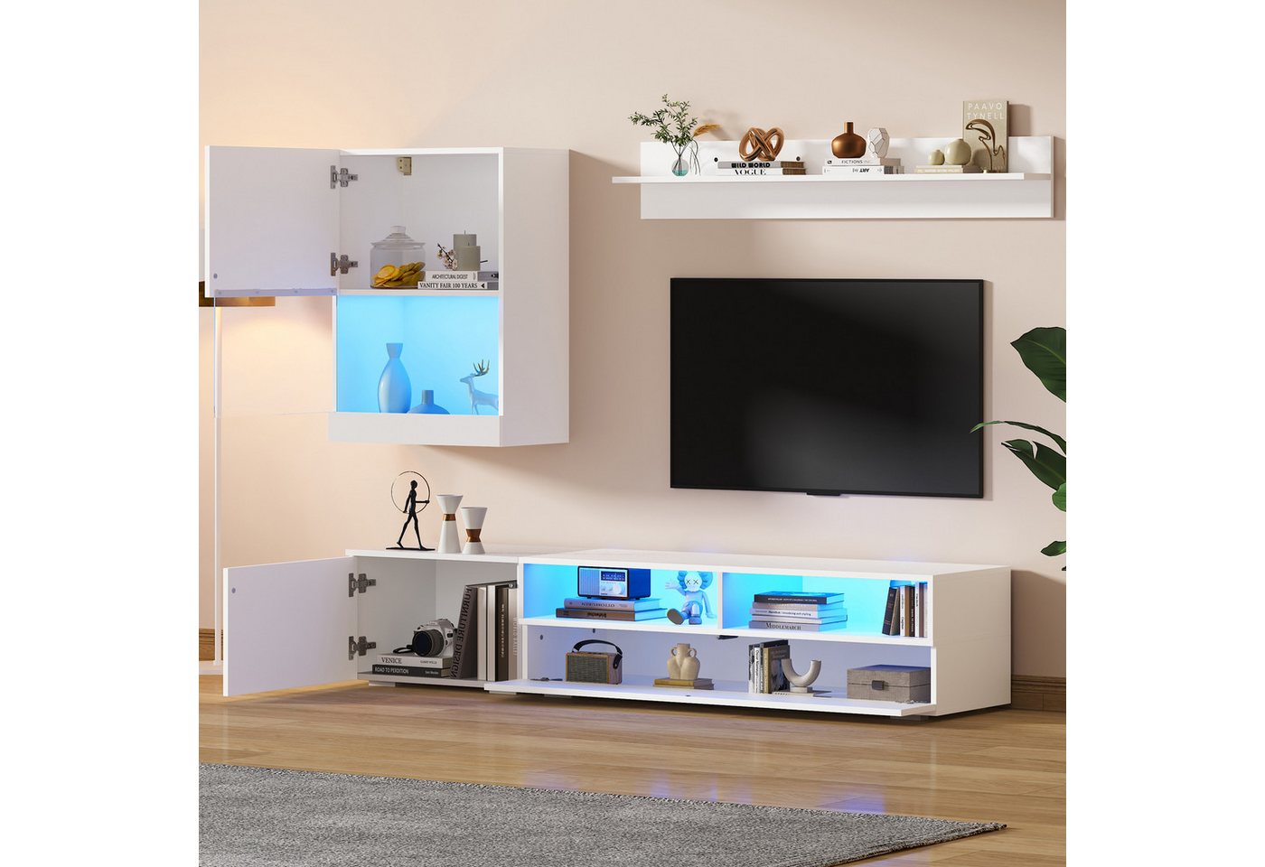Merax Wohnzimmer-Set mit TV-Schrank, Standregal und Wandregal, (Wohnwand Set, 1-St., Komplett-Set), Wohnzimmermöbel-Set mit LED und Hochglanz, stehend & hängend – Bild 2 von 5