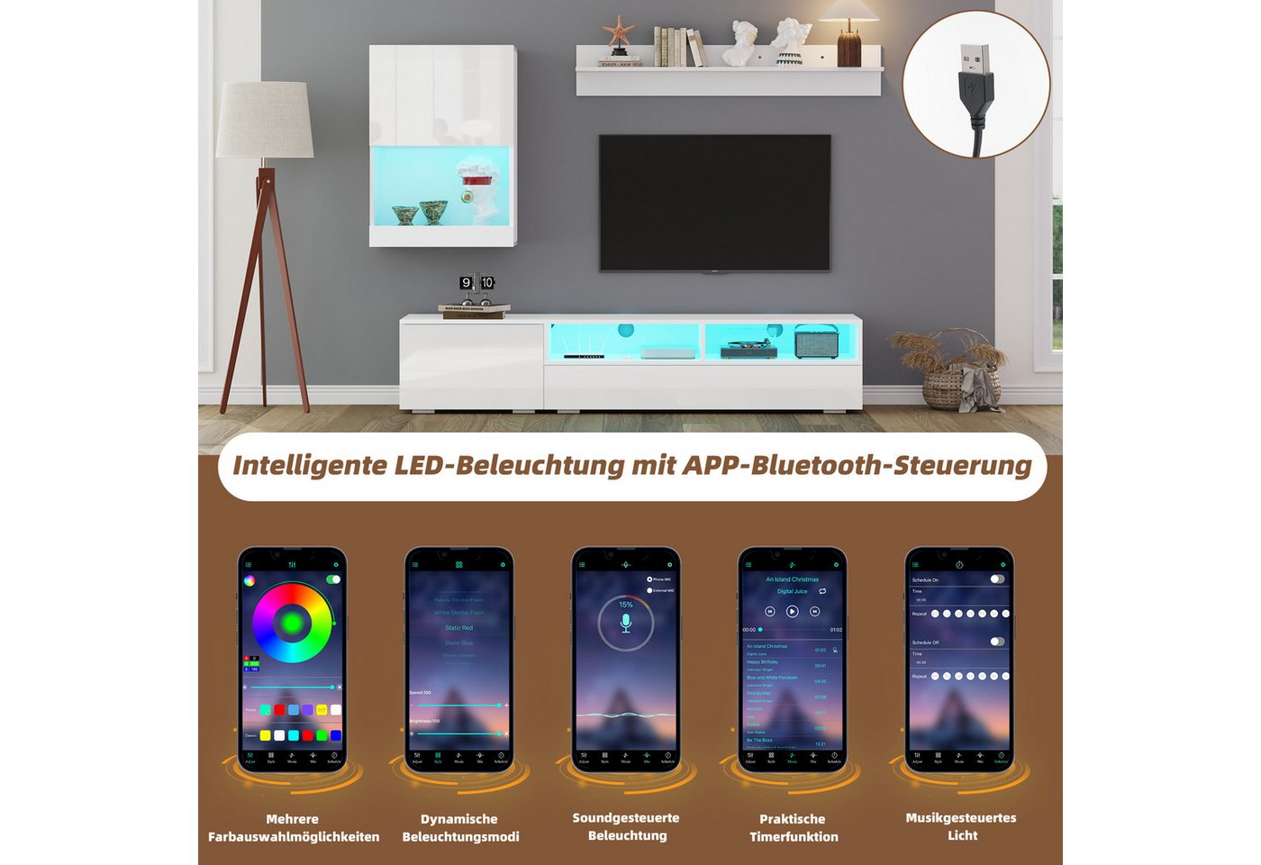 Merax Wohnzimmer-Set mit TV-Schrank, Standregal und Wandregal, (Wohnwand Set, 1-St., Komplett-Set), Wohnzimmermöbel-Set mit LED und Hochglanz, stehend & hängend – Bild 4 von 5
