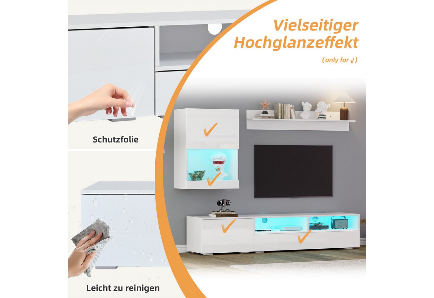 Merax Wohnzimmer-Set mit TV-Schrank, Standregal und Wandregal, (Wohnwand Set, 1-St., Komplett-Set), Wohnzimmermöbel-Set mit LED und Hochglanz, stehend & hängend – Bild 5 von 5