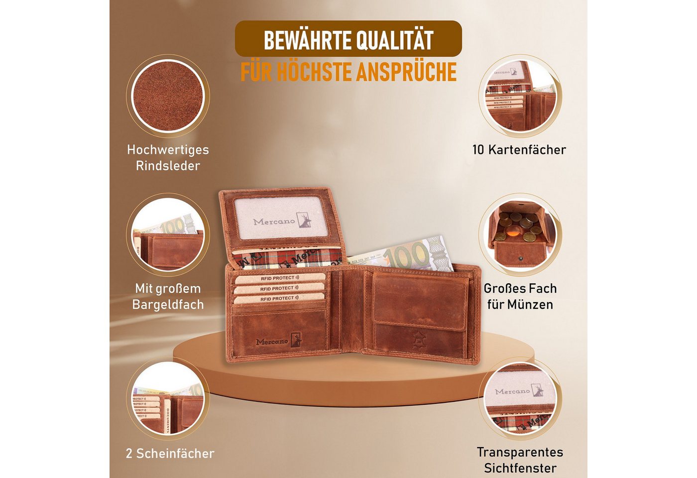 Mercano Geldbörse Herren Echtleder Querformat (inkl. Geschenkbox), 10 Kartenfächer, RFID-Schutz, Sichtfenster, Doppelnaht, Vintage-Leder – Bild 2 von 5