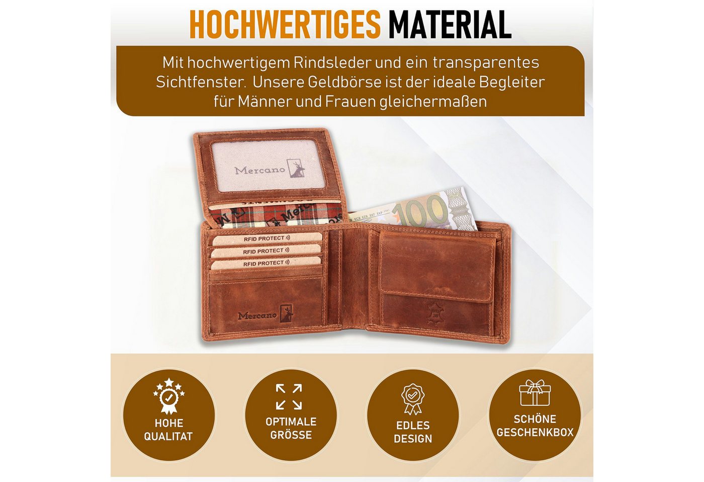 Mercano Geldbörse Herren Echtleder Querformat (inkl. Geschenkbox), 10 Kartenfächer, RFID-Schutz, Sichtfenster, Doppelnaht, Vintage-Leder – Bild 3 von 5