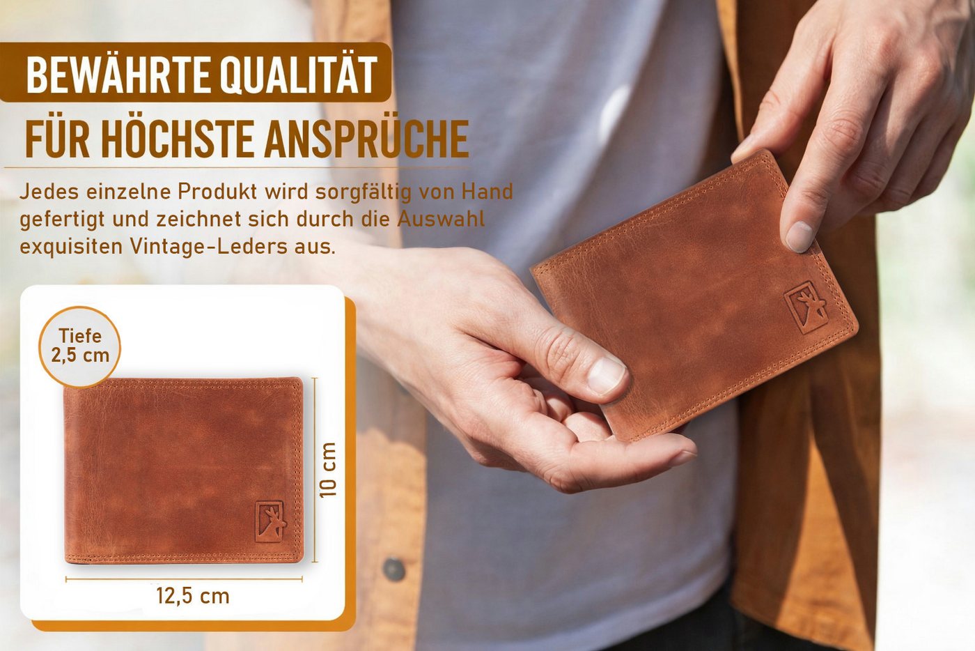Mercano Geldbörse Herren Echtleder Querformat (inkl. Geschenkbox), 10 Kartenfächer, RFID-Schutz, Sichtfenster, Doppelnaht, Vintage-Leder – Bild 4 von 5