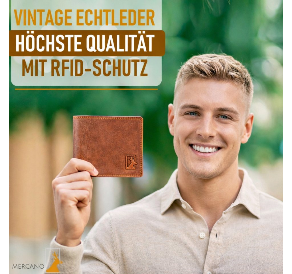 Mercano Geldbörse Herren Echtleder Querformat (inkl. Geschenkbox), 10 Kartenfächer, RFID-Schutz, Sichtfenster, Doppelnaht, Vintage-Leder – Bild 5 von 5