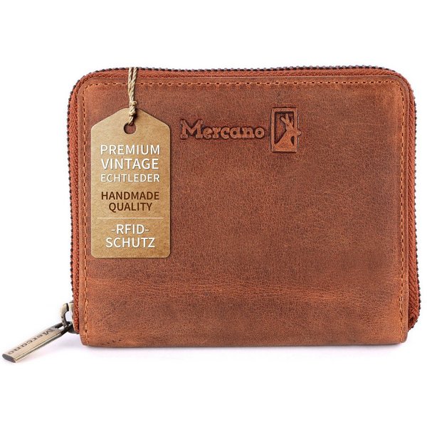 Mercano Geldbörse Klein mit Reißverschluss (inkl. Geschenkbox), 6 Kartenfächer, RFID-Schutz, Vintage-Leder, Kompaktformat (13 × 10 cm)