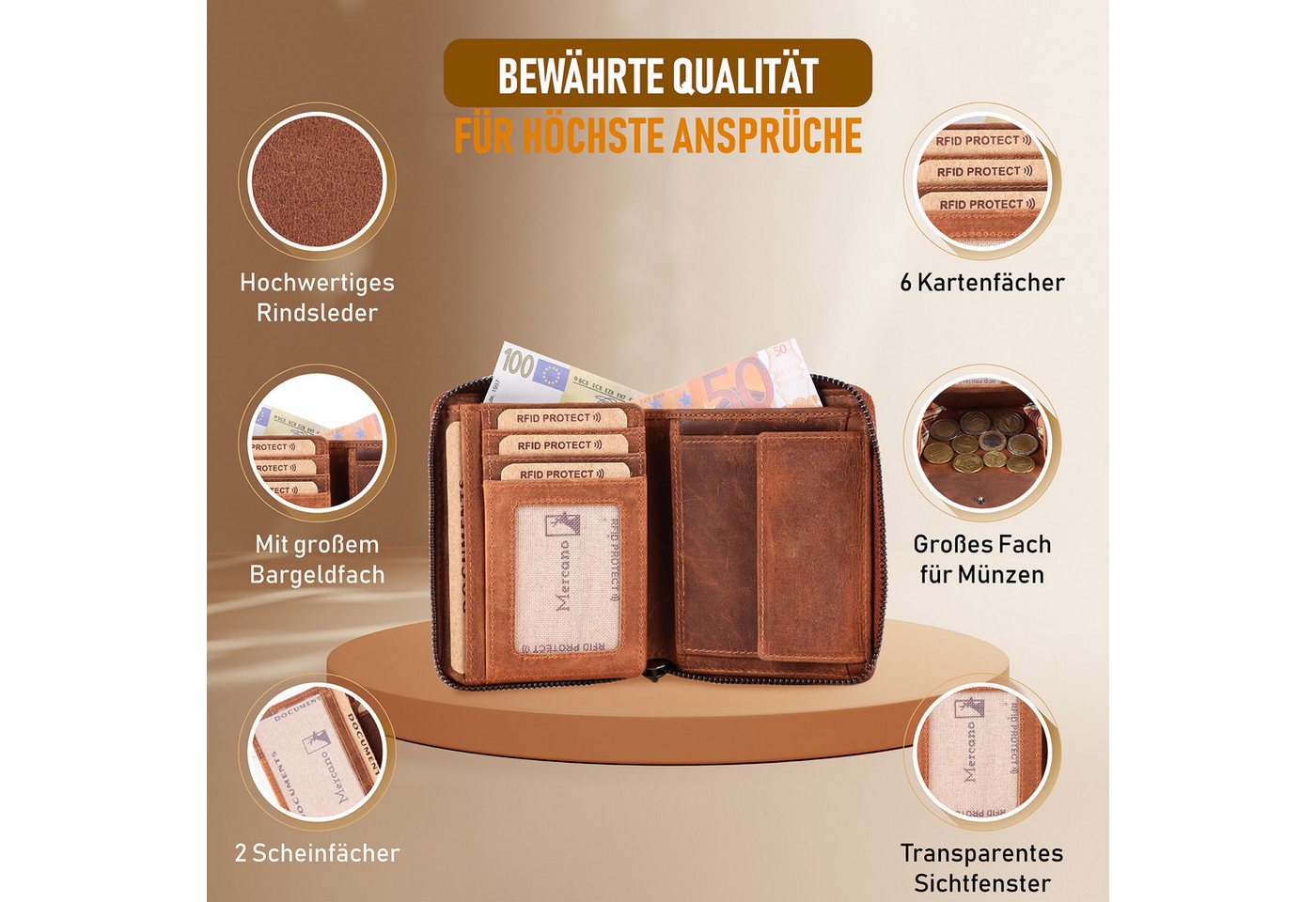 Mercano Geldbörse Klein mit Reißverschluss (inkl. Geschenkbox), 6 Kartenfächer, RFID-Schutz, Vintage-Leder, Kompaktformat (13 × 10 cm) – Bild 2 von 5